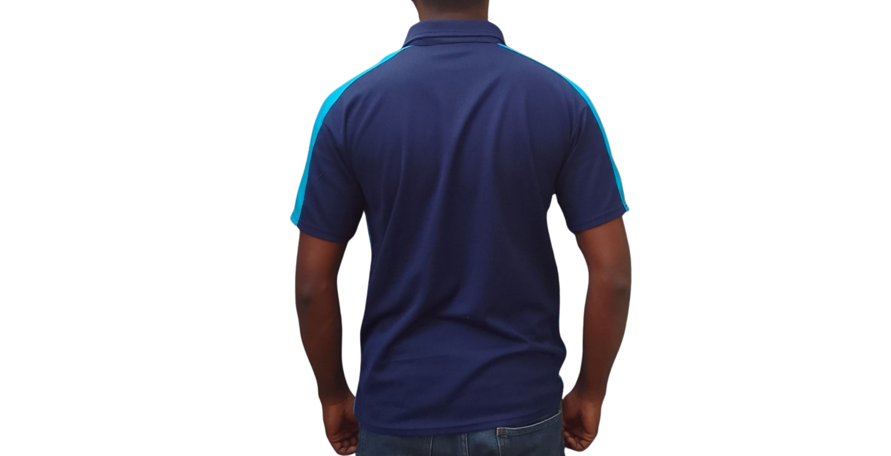 GOLF SHIRT NAVY AND LT BLUE SHOULDER INSERT BACK