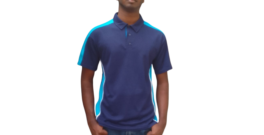 GOLF SHIRT NAVY AND LT BLUE SHOULDER INSERT FRONT