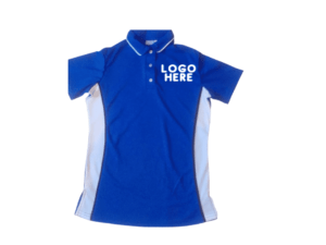 LADIES CUSTOM MADE POLO SHIRTS ROYAL BLUE AND WHITE CONTRAST PANEL AND PIPING DETAIL ON COLLAR