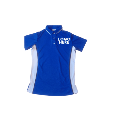 LADIES CUSTOM MADE POLO SHIRTS ROYAL BLUE AND WHITE CONTRAST PANEL AND PIPING DETAIL ON COLLAR
