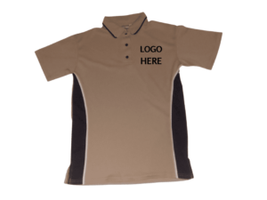 LADIES CUSTOM-MADE POLO SHIRTS STONE AND BLACK CONTRAST SIDE PANEL AND BLACK PIPING DETAIL ON COLLAR