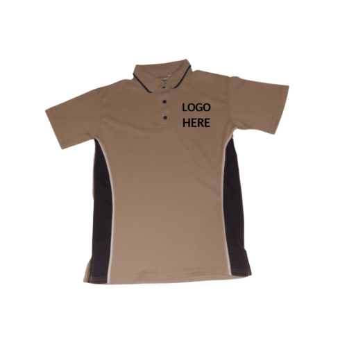 LADIES CUSTOM-MADE POLO SHIRTS STONE AND BLACK CONTRAST SIDE PANEL AND BLACK PIPING DETAIL ON COLLAR