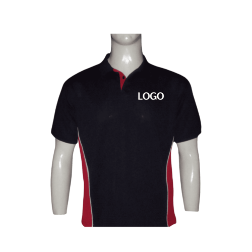 MENS CUSTOM-MADE BLACK AND RED SIDE PANELS AND PIPING GOLF SHIRT-FRONT