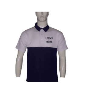 WHITE AND NAVY SPLIT PANEL GOLF SHIRT FRONT