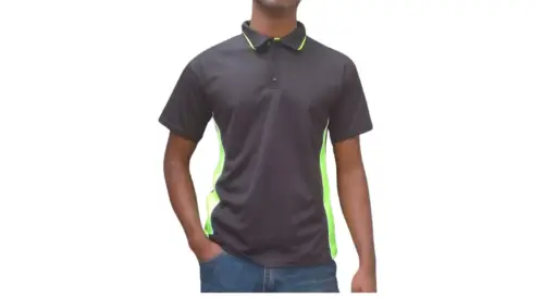 GOLF SHIRT BLACK AND GREEN SIDE WITH WHITE PIPING FRONT jpg jpeg