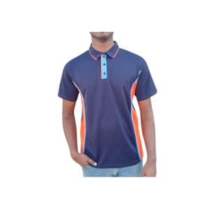 GOLF SHIRT NAVY AND ORANGE WITH LT BLUE PIPING FRONT