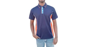 GOLF SHIRT NAVY AND ORANGE WITH LT BLUE PIPING FRONT