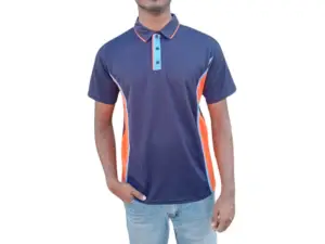 GOLF SHIRT NAVY AND ORANGE WITH LT BLUE PIPING FRONT