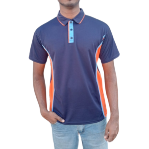 GOLF SHIRT NAVY AND ORANGE WITH LT BLUE PIPING FRONT