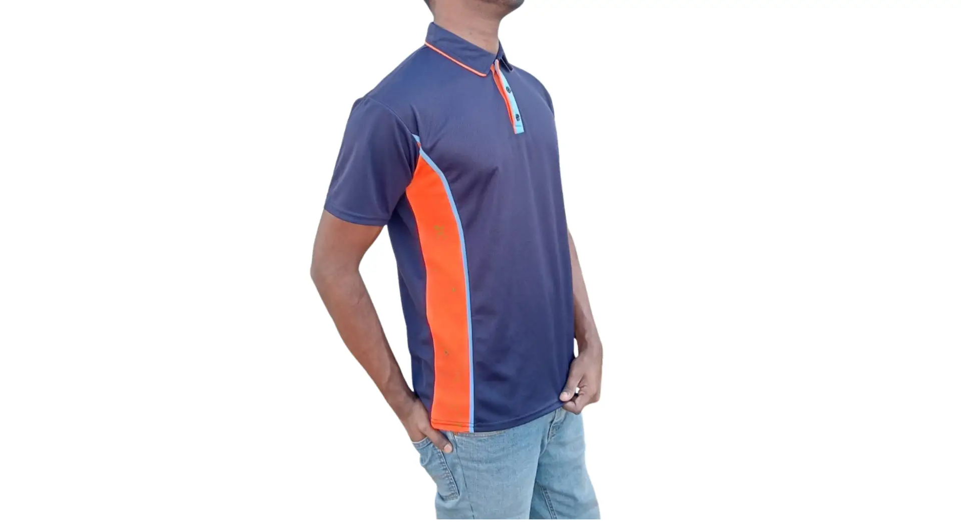 GOLF SHIRT NAVY AND ORANGE WITH LT BLUE PIPING SIDE png