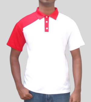 - Sporty Red & White Golf Shirt with Asymmetrical Design