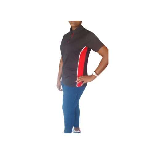 Custom Black Ladies Golf Shirt -LADIES BLACK AND RED SIDE PANEL SIDE