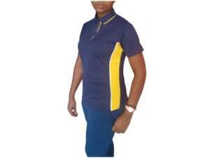 ladies tailored fit golf shirt-LADIES NAVY AND YELLOW SIDE PANEL SIDE