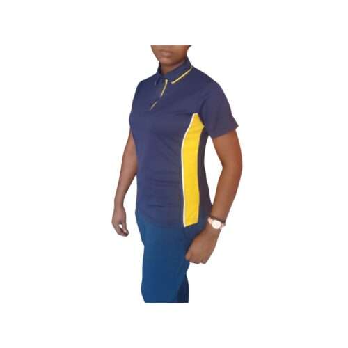 ladies tailored fit golf shirt-LADIES NAVY AND YELLOW SIDE PANEL SIDE